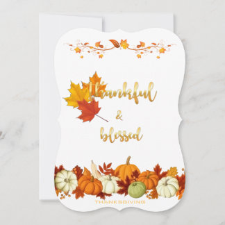 Thankful, Blessed Golden Script Thanksgiving Photo Holiday Card