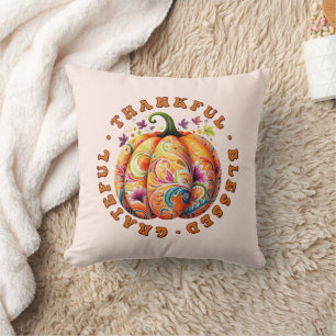 Thankful, Blessed, Grateful Floral Pumpkin Cushion
