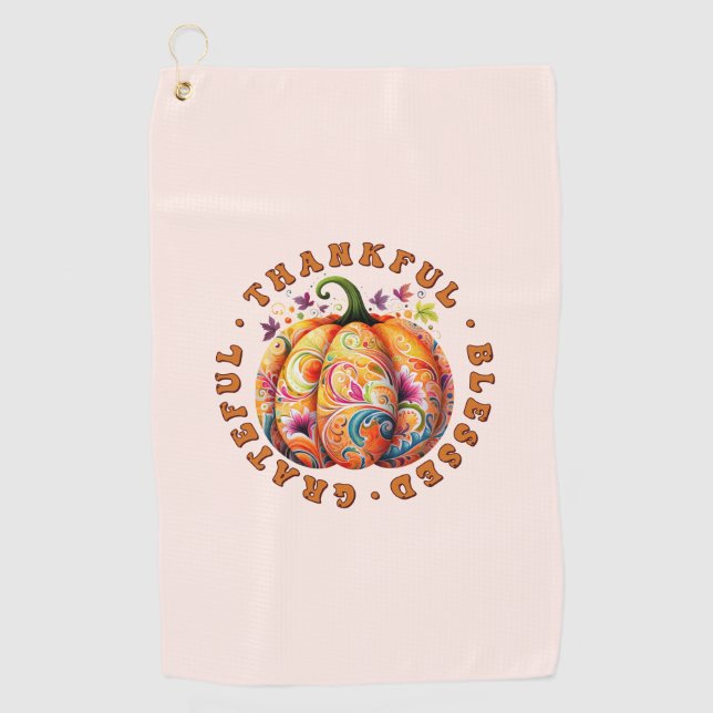 Thankful, Blessed, Grateful Floral Pumpkin Golf Towel (Front)