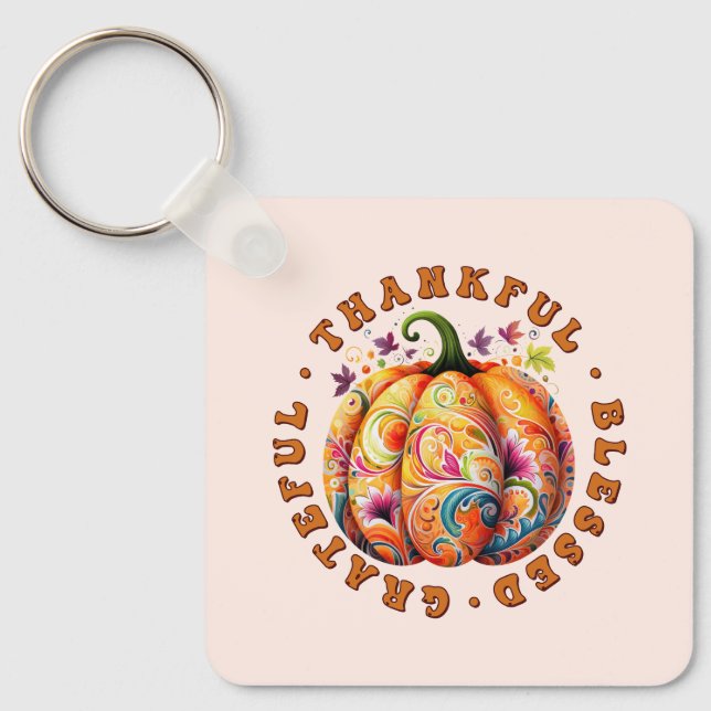 Thankful, Blessed, Grateful Floral Pumpkin Key Ring (Front)