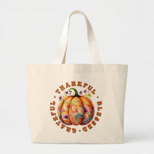 Thankful, Blessed, Grateful Floral Pumpkin Large Tote Bag