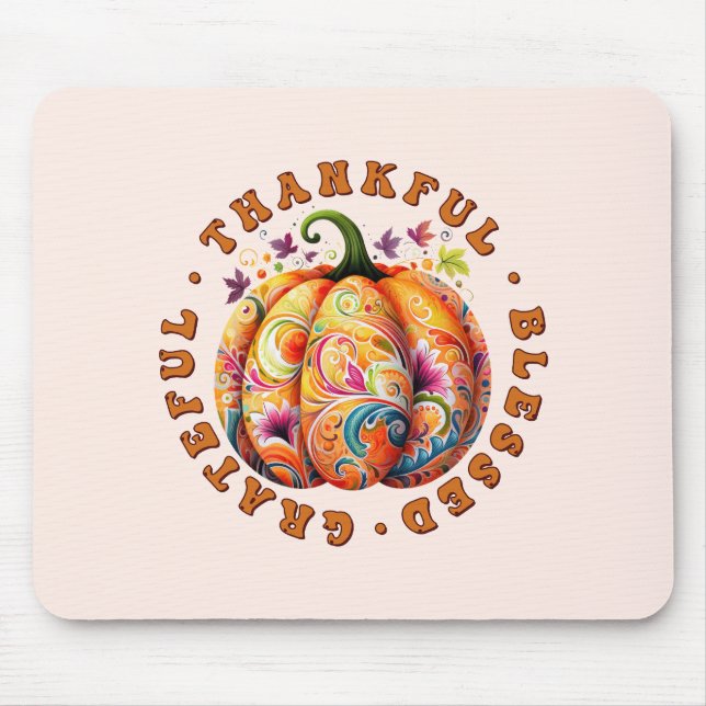 Thankful, Blessed, Grateful Floral Pumpkin Mouse Pad (Front)