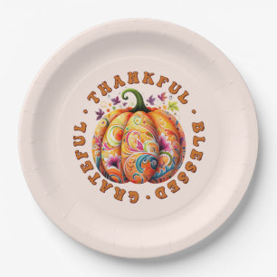 Thankful, Blessed, Grateful Floral Pumpkin Paper Plate