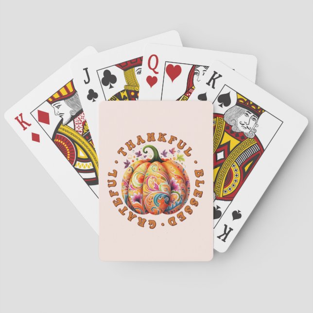 Thankful, Blessed, Grateful Floral Pumpkin Playing Cards (Back)