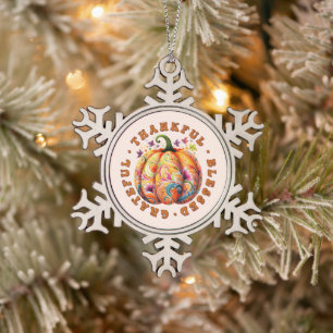 Thankful, Blessed, Grateful Floral Pumpkin Snowflake Pewter Christmas Ornament