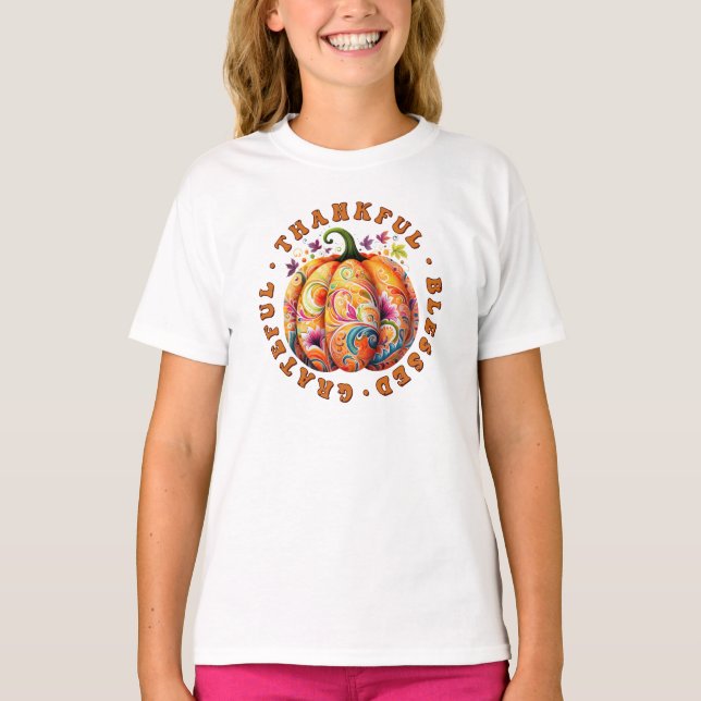 Thankful, Blessed, Grateful Floral Pumpkin T-Shirt (Front)