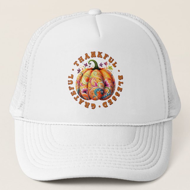 Thankful, Blessed, Grateful Floral Pumpkin Trucker Hat (Front)