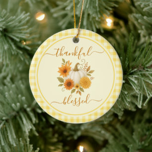 Thankful & Blessed Pumpkin   Fall Thanksgiving  Ceramic Tree Decoration