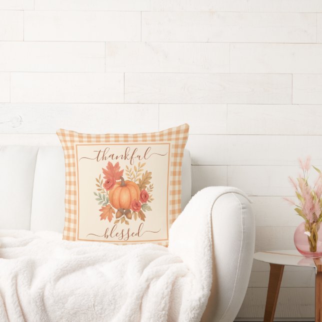 Thankful & Blessed Pumpkin | Fall Thanksgiving  Cushion (Couch)