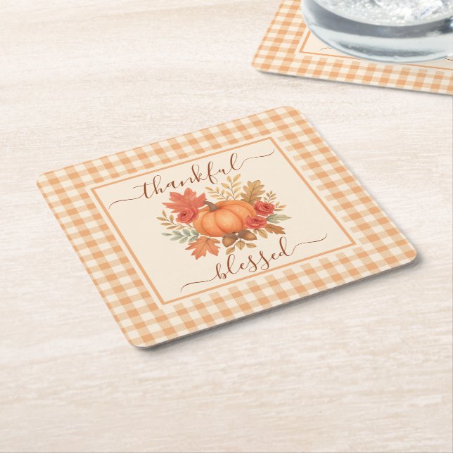 Thankful & Blessed Pumpkin | Fall Thanksgiving  Square Paper Coaster (Angled)