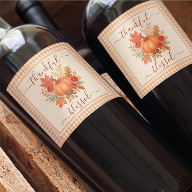 Thankful & Blessed Pumpkin | Fall Thanksgiving  Wine Label (Creator Uploaded)