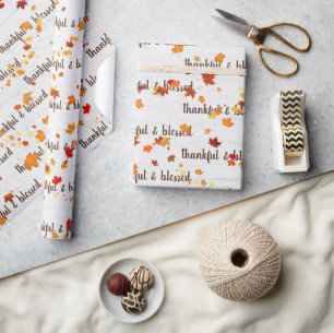 Thankful & Blessed Text With Autumn Leaves Wrapping Paper