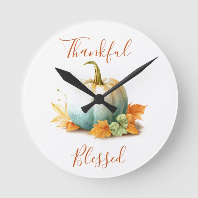 Thankful & Blessed Thanksgiving Pumpkin Wall Clock (Front)