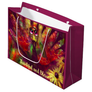Thankful Blessed Thanksgiving Turkey Floral Red Large Gift Bag