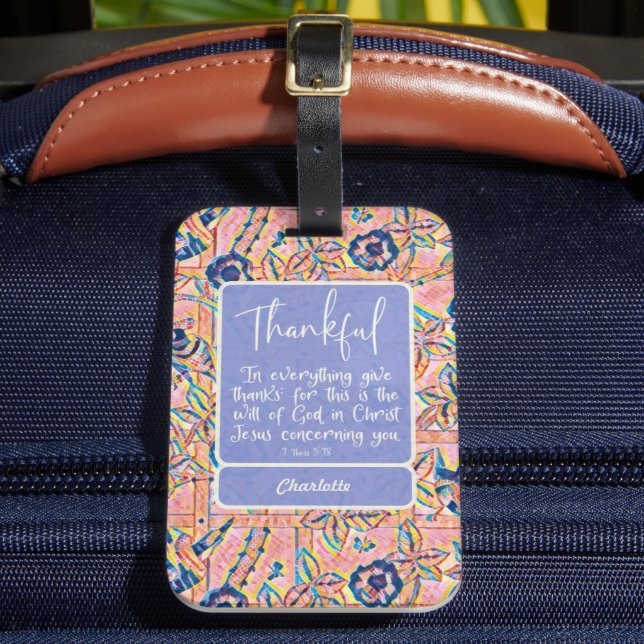 Thankful blue pink Christian inspirational Luggage Tag (Front Insitu 2)