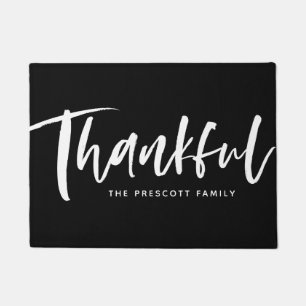 Thankful brush script black and white Thanksgiving Doormat