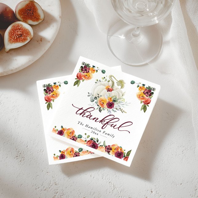 Thankful Burgundy Floral Pumpkin Thanksgiving Napkin (Creator Uploaded)