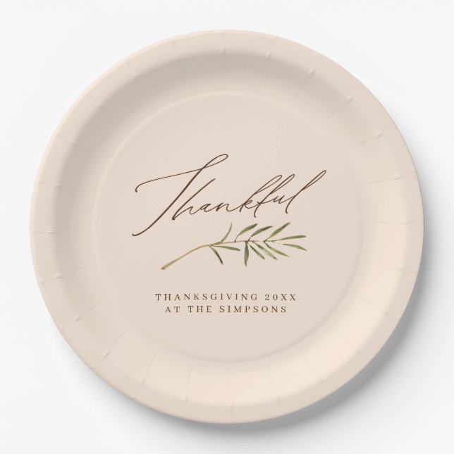 Thankful Calligraphy & Leaves Family Thanksgiving Paper Plate (Front)