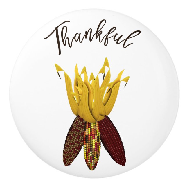 Thankful - Colourful Autumn Indian Corn Ceramic Knob (Front)