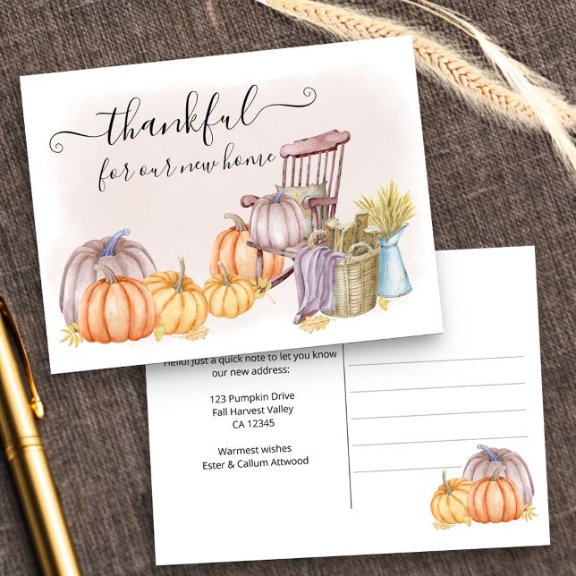Thankful Country Pumpkin Watercolor Moving Announcement Postcard (New Address postcard with thankful sentiment and fall pumpkin harvest design)
