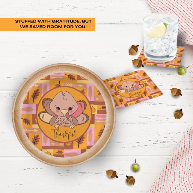 Thankful Cute Turkey Thanksgiving Paper Coasters (Thankful for adorable Thanksgiving party supplies like this!)
