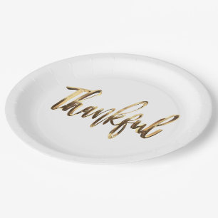 Thankful Elegant Faux Gold Script Thanksgiving Paper Plate