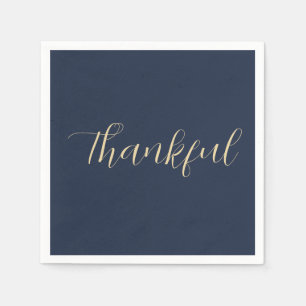Thankful Elegant Gold Script Thanksgiving Blue Napkin