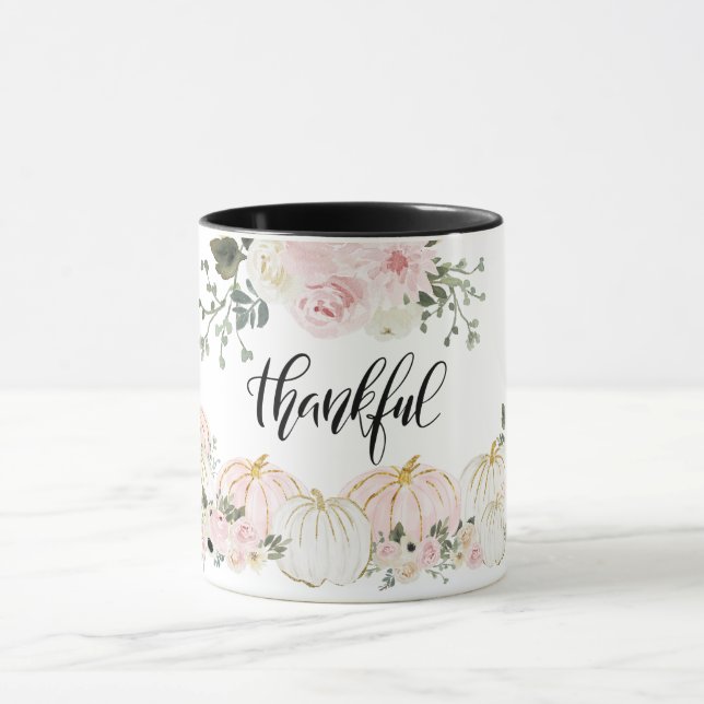 Thankful Elegant White Pink Gold Pumpkin Floral Mug (Center)