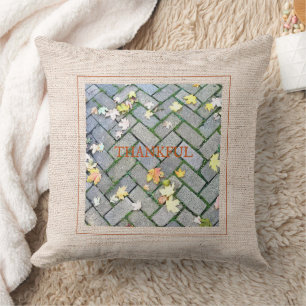 THANKFUL Fall Leaves Sidewalk Burlap Photo Art Cushion