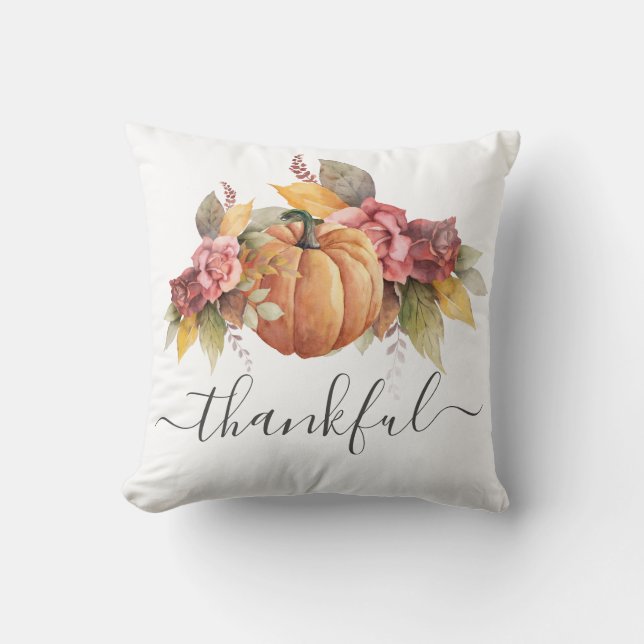 Thankful Fall Pumpkin Rust Leaves Cushion (Front)