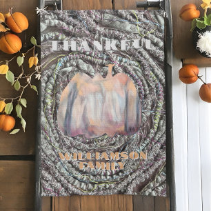 Thankful family name script pumpkin rustic autumn  tea towel