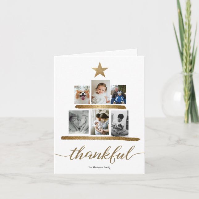  "Thankful" Family Photo Christmas Tree Collage Ca Holiday Card (Front)