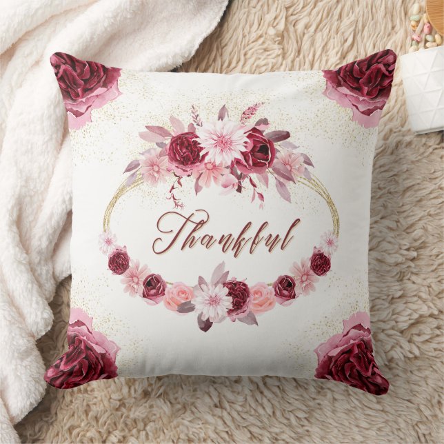 THANKFUL Fancy Script Burgundy Floral Gold Wreath  Cushion (Blanket)