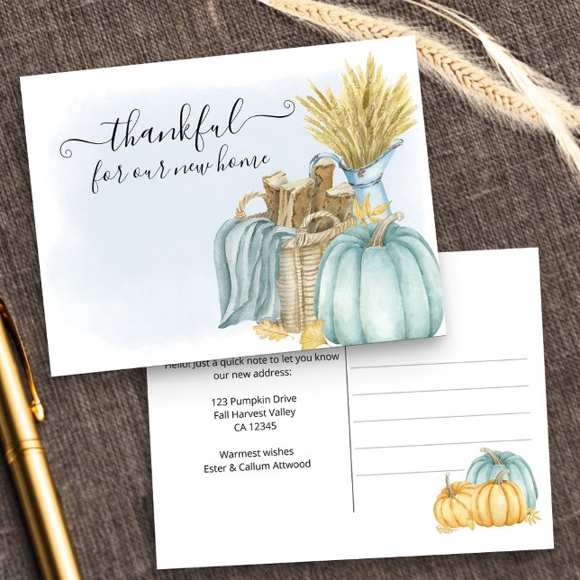 Thankful for New Home Rustic Pumpkin Moving Announcement Postcard (New Address postcard with thankful sentiment and fall harvest design)