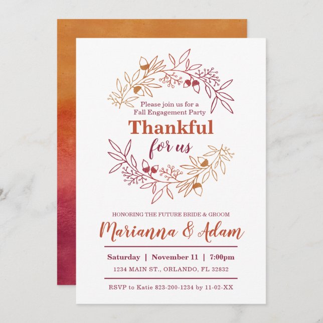 Thankful For Us Fall Wedding Engagement Party Invitation (Front/Back)