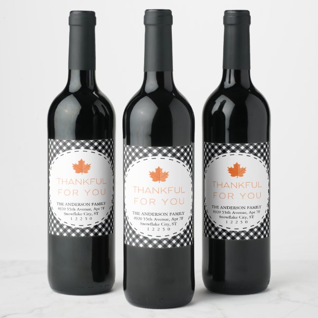 Thankful For You |Black & White Plaid Thanksgiving Wine Label (Bottles)