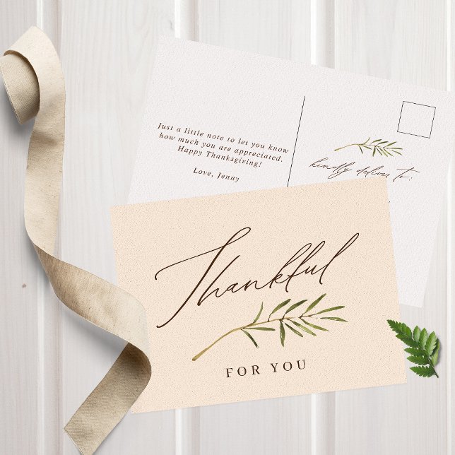 Thankful for You Calligraphy & Leaves Thanksgiving Holiday Postcard (Creator Uploaded)