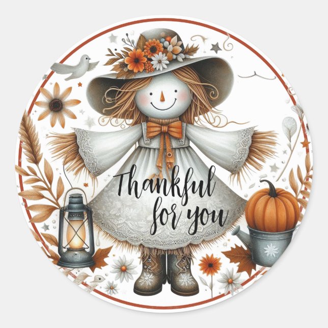 Thankful for you, Cute Scarecrow  Classic Round Sticker (Front)