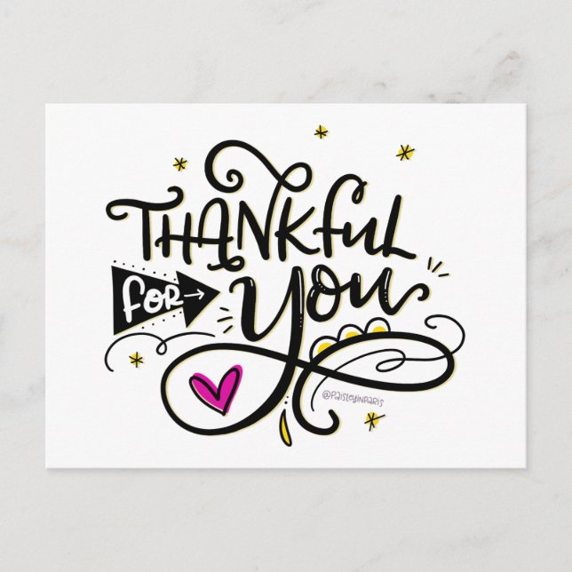 Thankful for you, hand lettered postcard (Front)