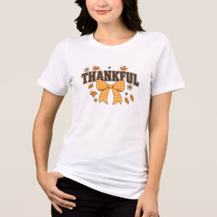 Thankful Gingham Bow Fall Leaves Typography Design Tri-Blend Shirt