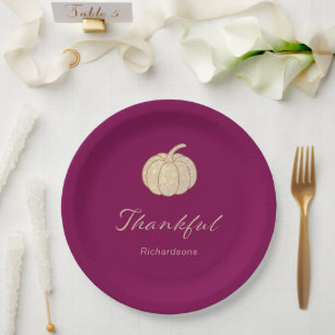Thankful Glitter Pumpkin burgundy Thanksgiving Paper Plate