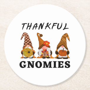 Thankful Gnomies with Cute Autumn Trio of Gnomes Round Paper Coaster