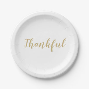 Thankful gold and white script cute thanksgiving paper plate