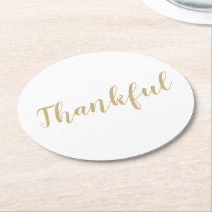Thankful gold white modern script thanksgiving round paper coaster