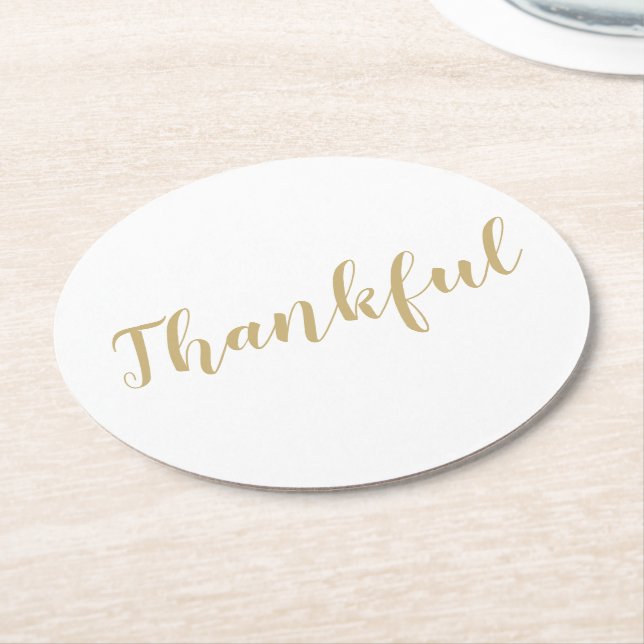 Thankful gold white modern script thanksgiving round paper coaster (Angled)