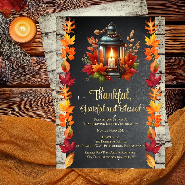 Thankful Grateful and Blessed Thanksgiving Dinner  ("Thankful, Grateful and Blessed" Candlelit Lantern with Autumn | Fall Leaves Thanksgiving Invitation)