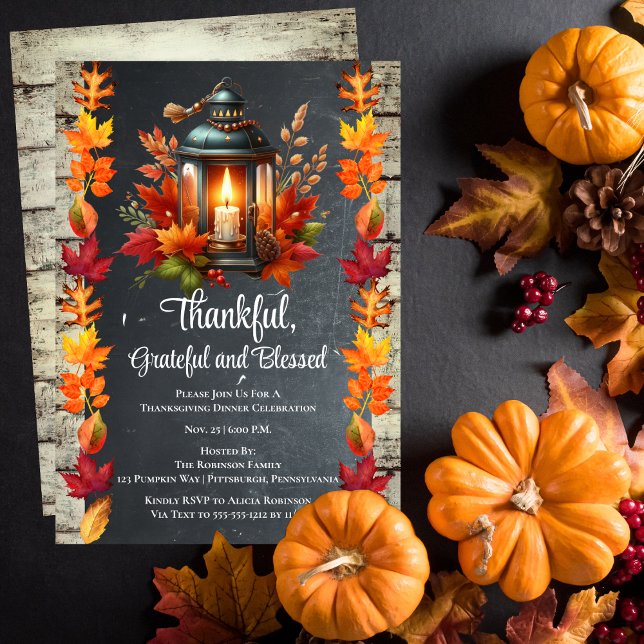 Thankful Grateful and Blessed Thanksgiving Dinner  Invitation ("Thankful, Grateful and Blessed" Candlelit Lantern Thanksgiving Dinner Celebration Invitation)