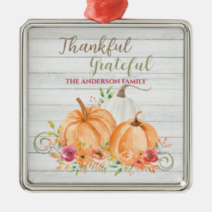 Thankful Grateful   Autumn Fall Pumpkin Watercolor Metal Tree Decoration
