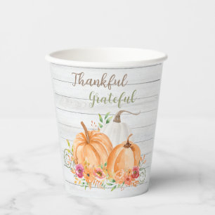 Thankful Grateful Autumn Fall Pumpkin Watercolor Paper Cups