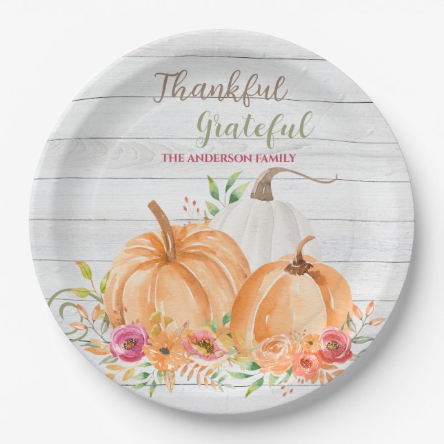 Thankful Grateful | Autumn Fall Pumpkin Watercolor Paper Plate (Front)